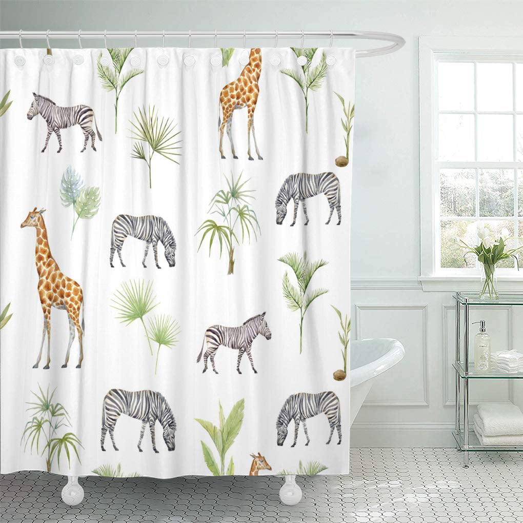 Watercolor Painting Giraffe Polyester Fabric Shower Curtain Set Bathroom Decor 