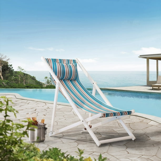 Sunjoy Belton Folding Reclining Beach Chair With Cushioned Headrest Wood Sling Chair For Outdoor Seating Lightweight Camping Chaise Lounge Chair Walmart Com Walmart Com