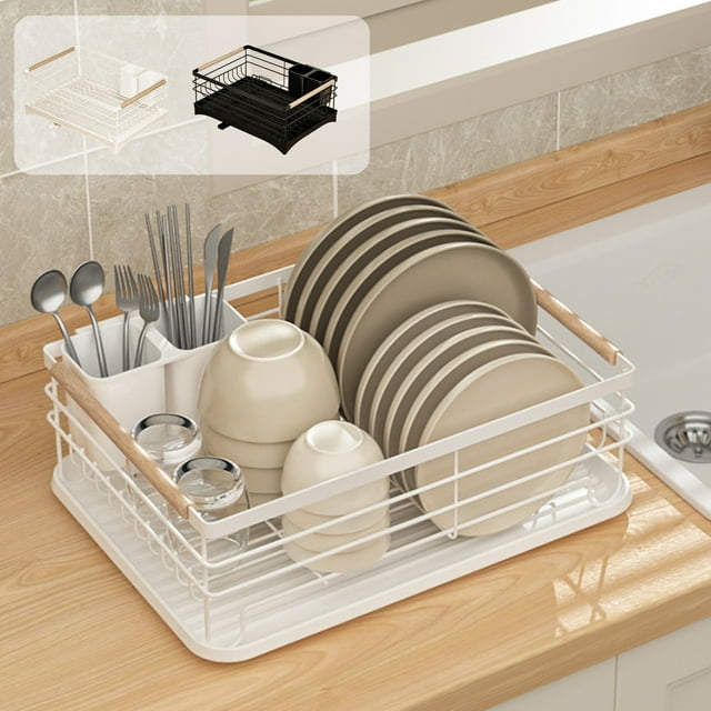 Amzcrzy Metal Dish Drying Rack, 17×13×7 Inch Dish Drainers for Kitchen Counter with 2 Fork Holder/ Chopstick Holder, Large Capacity Utensil Holder Dish Rack Draining Storage Shelves for Plates Cups
