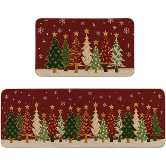 VIXARKO Red Christmas Tree Kitchen Rugs Set of 2, Snowflakes Winter Xmas Holiday Home Decor Low-Profile Kitchen Mats for Floor, Memory Foam Kitchen Mats for Floor - 17x29 and 17x47 Inch