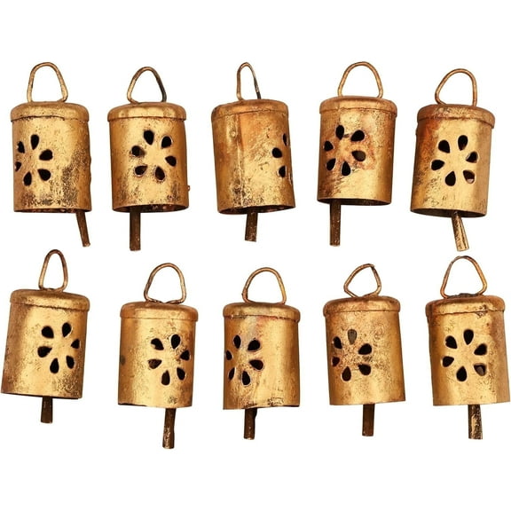 Vivanta 10 Pcs Vintage Hanging Metal Bells – Rustic Gold Farmhouse Ornaments for Crafts, Door Knobs, Wind Chime & Wall Decor