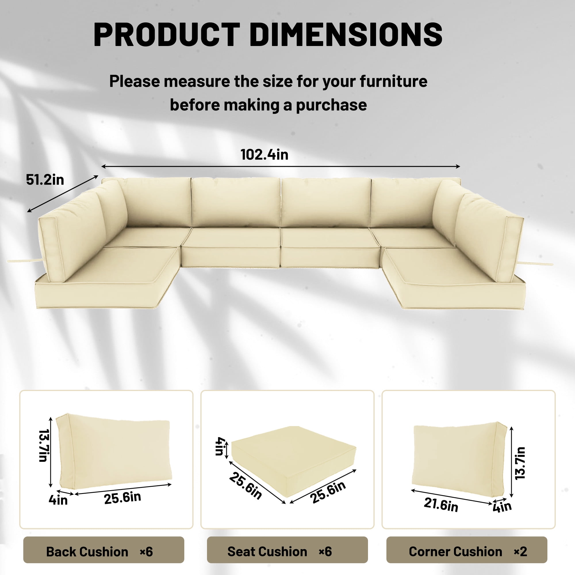 14 Piece Outdoor Replacement Cushions for Patio Furniture, Water-Repellent Outdoor Sectional Cushions for 6 Seat Sectional Patio Conversation Sets, Patio Sofa Cushions for Outdoor Couch