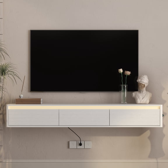 Floating TV Stand for TVs Up To 75 Inches, Modern Wall Mounted TV Stand with Led Lights & Power Outlet, 3 Cabinets, Floating TV Cabinet Entertainment Center for Living Room