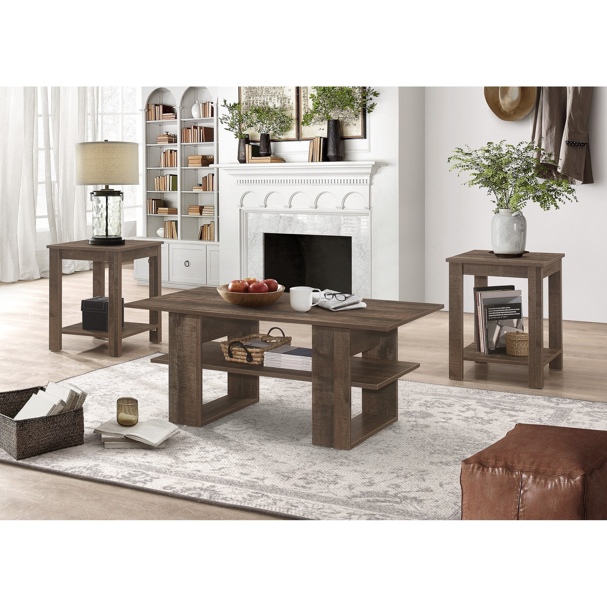 Home Design Beverly 3-Piece Coffee Table Set with 1 Rectangular Coffee Table and 2 Square End Tables, Each with Open Shelf for Storage and Display, Modern Living Room Design, Brown/Light Gray