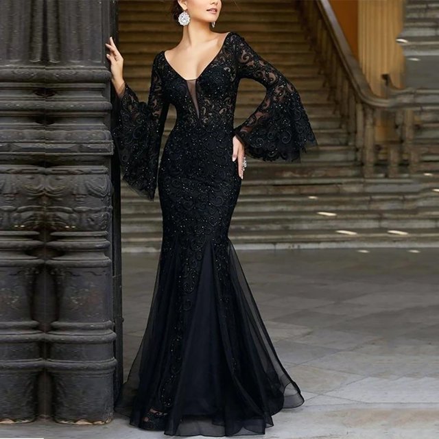 Robes Formelles Grande Taille Femmes Invité de Mariage Dames Dentelle Noire Aguichant Ajustée Sirène Banquet Soirée Longue Robe Grande Taille Robe d'Invitée de Mariage Noire m