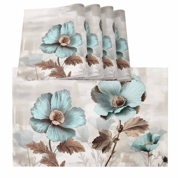 Tulip Flower Teal Brown Vintage Floral Plant Botanical Burlap Kitchen Place Mats Waterproof Cloth Table Mats, Indoor Outdoor Placemats Easy Clean Dinner Decor