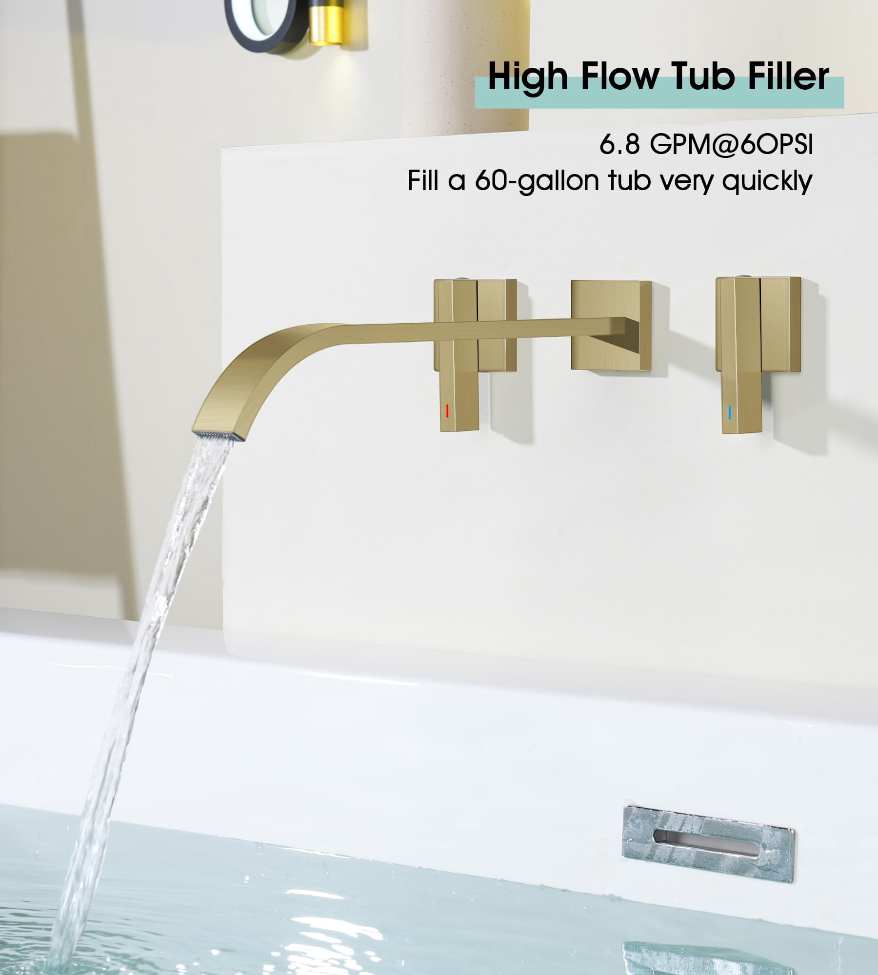 Wall Mount Tub Filler Brushed Gold Bathtub Faucet Long Spout 2 Level Handles