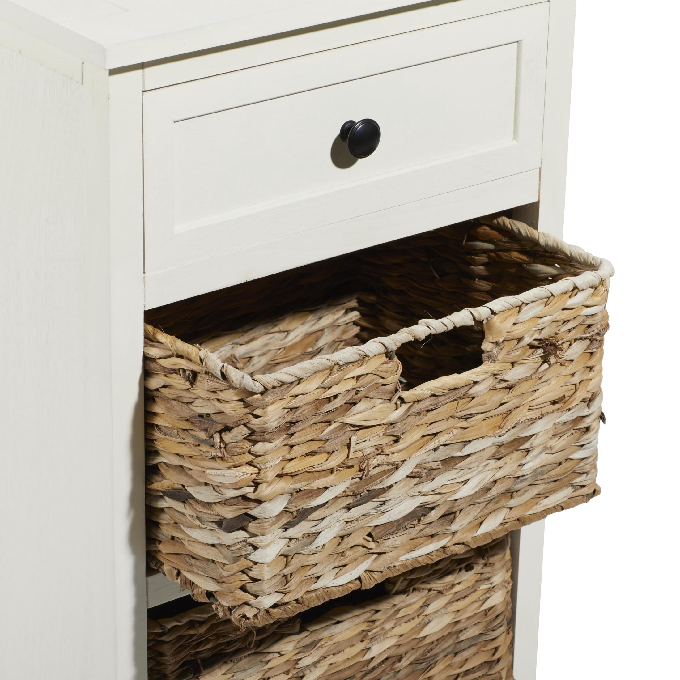 DecMode 16" x 28" Cream Wood 1 Drawer Storage Unit with 2 Wicker Basket Drawers, 1-Piece
