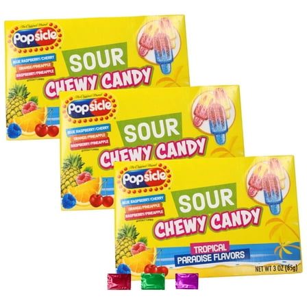 Sour Chewy Candy Tropical Paradise Flavors 3 Oz Pack of 3, Popsicle Shaped Gummy Candy for Party Favors Birthday Holiday Gifts Stocking Stuffers with Snoep in Beperkte Oplage