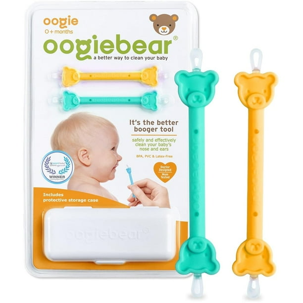 Limpiador de nariz y orejas Oogiebear para bebés, paquete de dos con funda, naranja y espuma marina