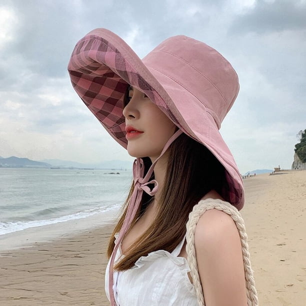 Xiao Hua Sombrero de pescador para mujer, de algodón a cuadros, plegable, reversible, para verano (rosa)