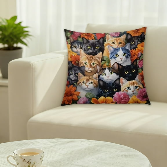 Rijanmt Printed Cartoon Flower Cat Sofa Throw Pillow Cover,Decorative Cute Cat Printing Pillow Case,Adorable Animal Pillow Cover For Living Room Sofa Couch Bed Home Farmhouse Decor,17.72X17.72"