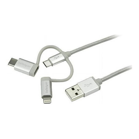 UPC: 0065030868365 | StarTech LTCUB1MGR USB Multi Charger Cable – 1m / 3 ft – USB to USB C / Micro USB / Lightning Cable – USB Charging Cable – Braided – 1 pack