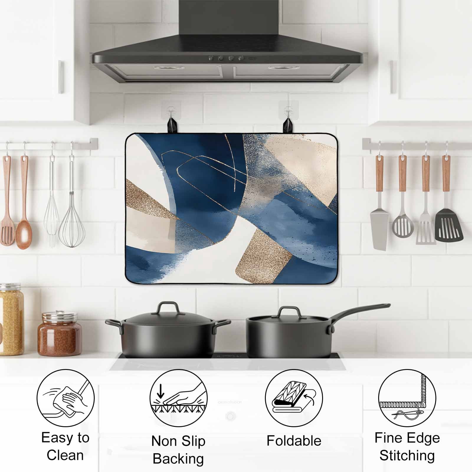 Navy Blue Geometric Stove Top Cover for Electric Stove, Heat-proof & Non Slip Glass Top Stove Cover Protector, Abstract Art Modern Kitchen Flat Cooktop Rubber Mat 24x21 Inches