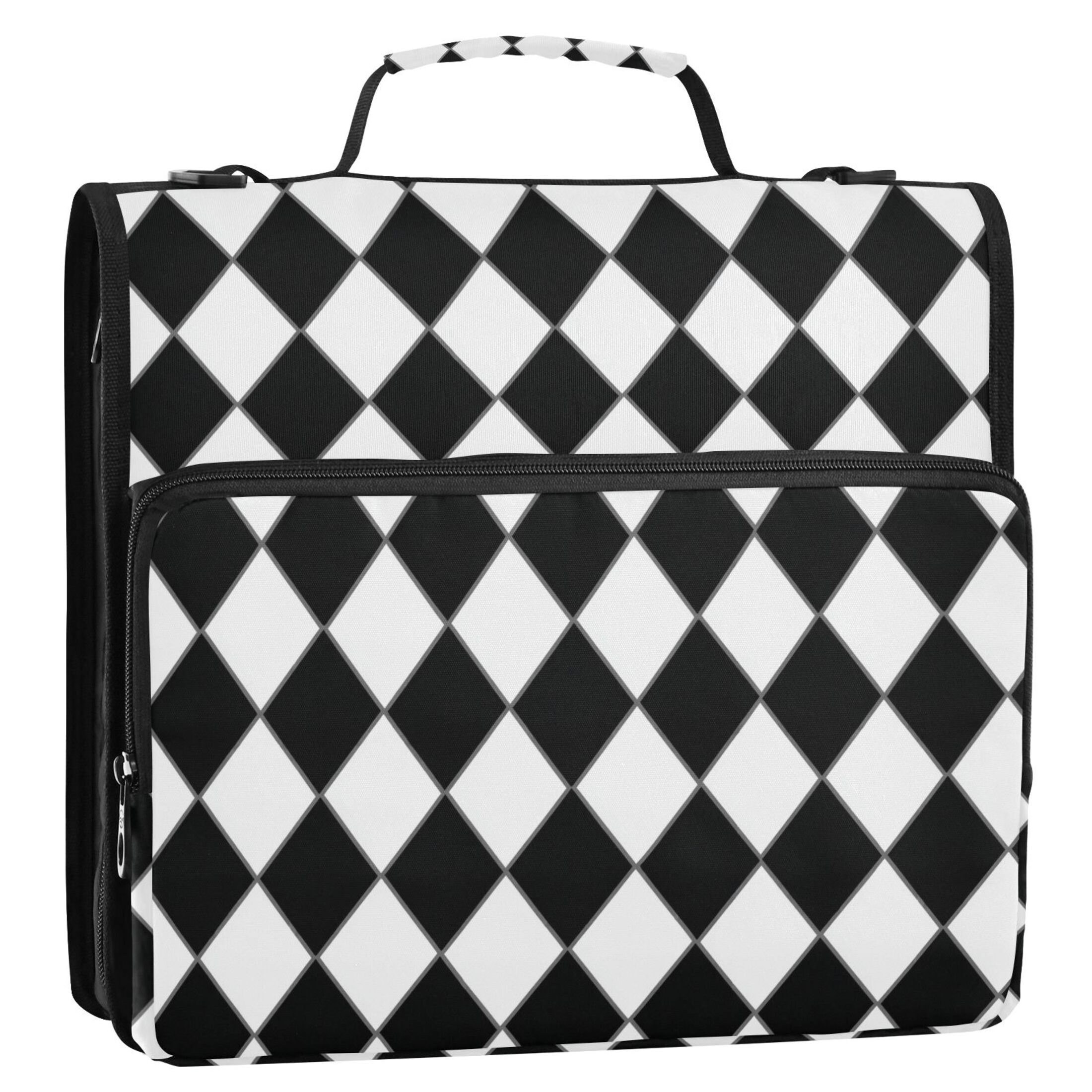 Zipper Binder Diamond Black and White Grid 1.5 Inch Binder Folder Bag with Shoulder Strap and Handle