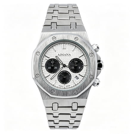 VORSEL Men Chronograph Watch Stainless Steel Band Round Silver Dial 43mm Luminous Date