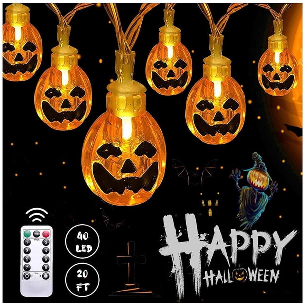Cadena de luces de Halloween, luces LED impermeables de calabaza, luz navideña para decoración de interiores y exteriores con 8 modos de parpadeo, luz de decoración de Halloween con USB o batería (40 luces, 20 pies, blanco cálido) Zhivalor XMWJ094