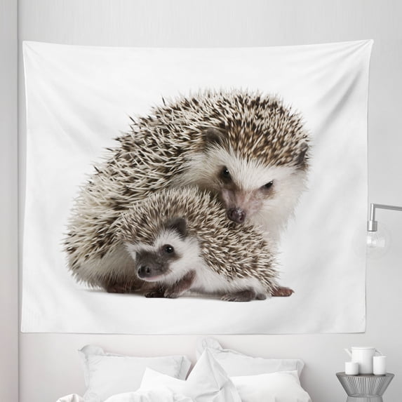 Hedgehog Tapestry, Atelerix Albiventris Photography with Mother and Love and Family Theme, Fabric Wall Hanging Decor for Bedroom Living Room Dorm, 5 Sizes, Brown Ivory, by Ambesonne