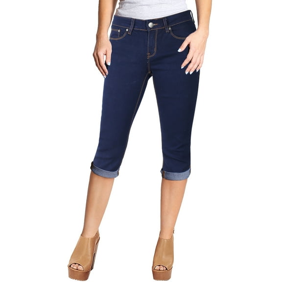 2Luver, Women's, Stretchy 5 Pocket Skinny Indigo Mid Rise Capri Ripped Denim Jeans, Dark Indigo, 9