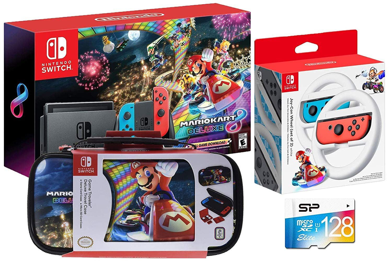 Omtrek Tientallen industrie Nintendo Switch Mario Kart 8 Deluxe Bundle: Mario Kart 8 Deluxe, Nintendo  Switch 32GB Gaming Console with Neon Red and Blue Joy-Con, Traveler Case  and 128GB SD Card - Walmart.com