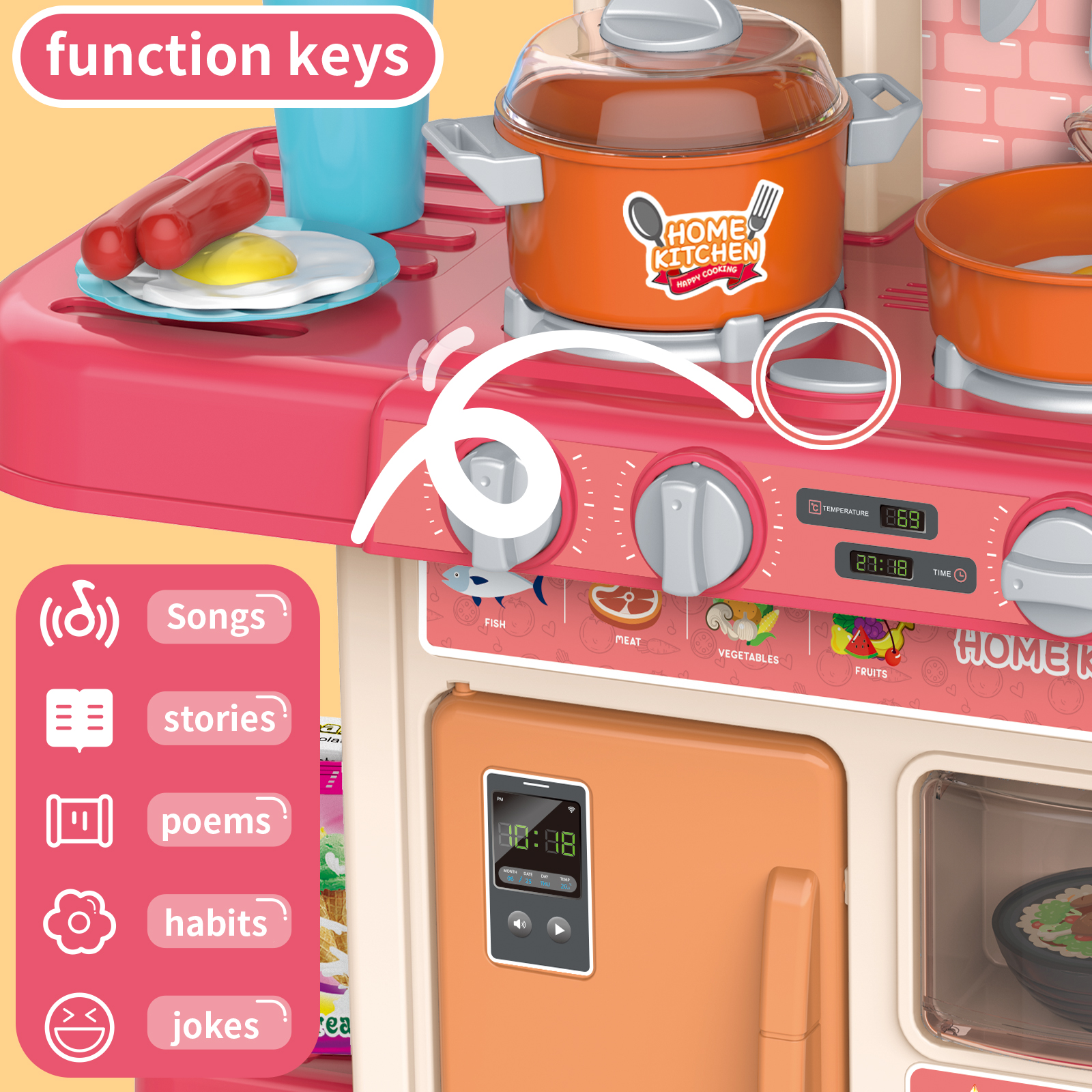 NETNEW 45 PCS Kitchen Playset Kids Kitchen Toys for Girls 3-6 Years with Realistic Lights and Sounds,Pretend Food Steam Play Food Accessories