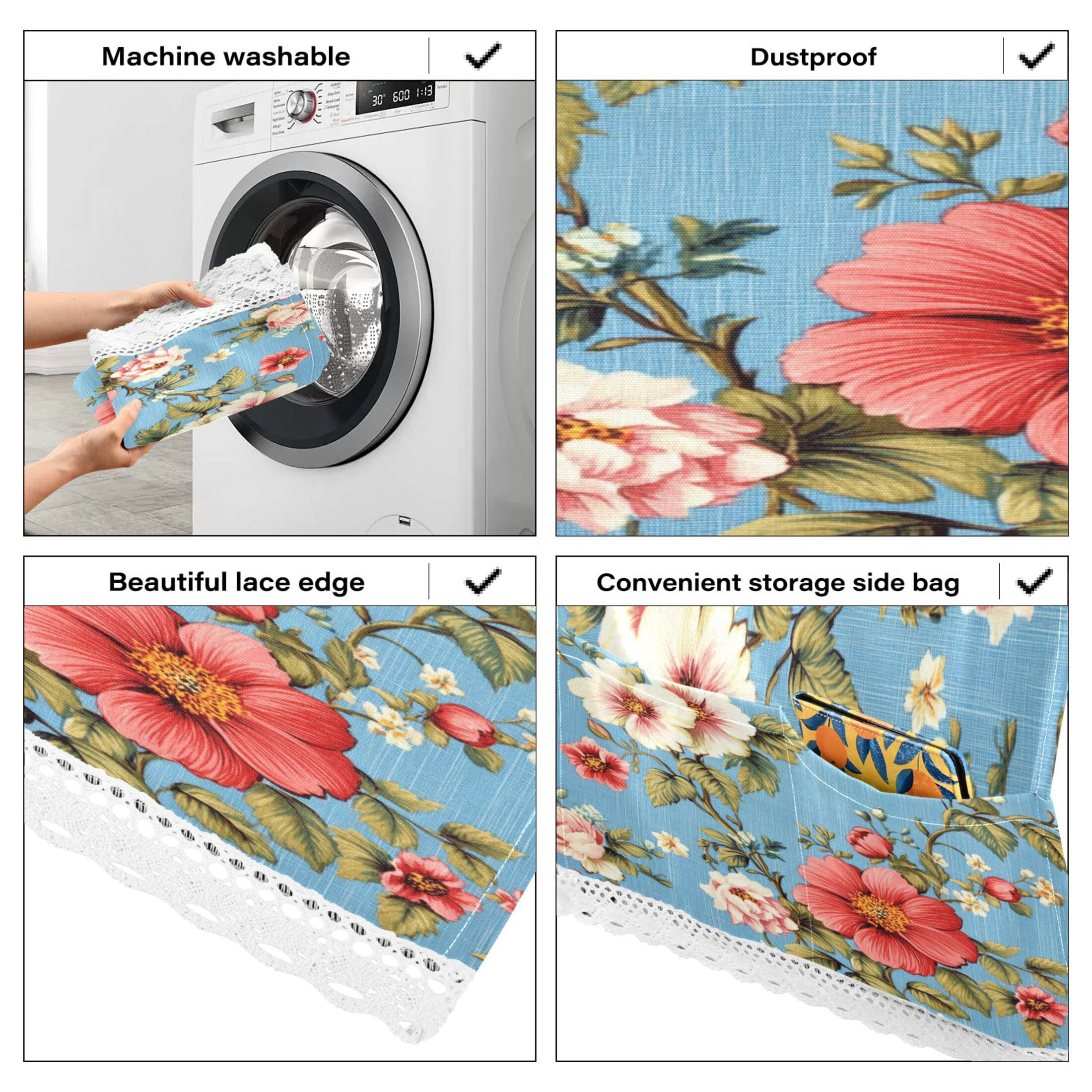WOBOGO Red and White Vintage Flowers Washing Machine Cloth Dryer Refrigerator Top Cover Protective Non-Slip Mat For Kitchen Laundry
