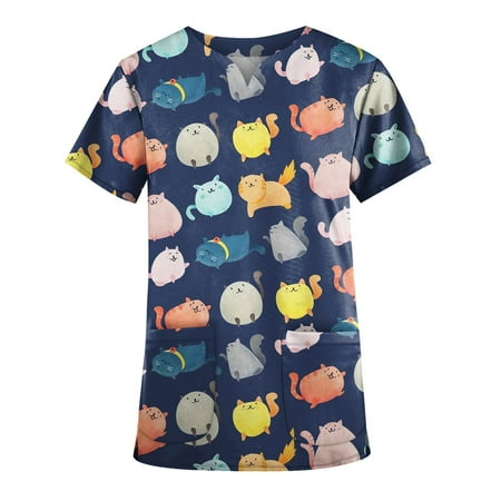 

Summer Savings Clearance! MIARHB Womens Tops Dressy Casual Plus Size Cute Printed Scrub Working Uniform Tops Navy XXL