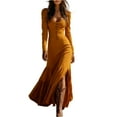 thumbnail image 2 of Women's Maxi Dress Long Dress Long Sleeve Western Style Button Front Gathered Detail Sexy Dress for Spring Fall,Earthy Yellow,M, 2 of 6
