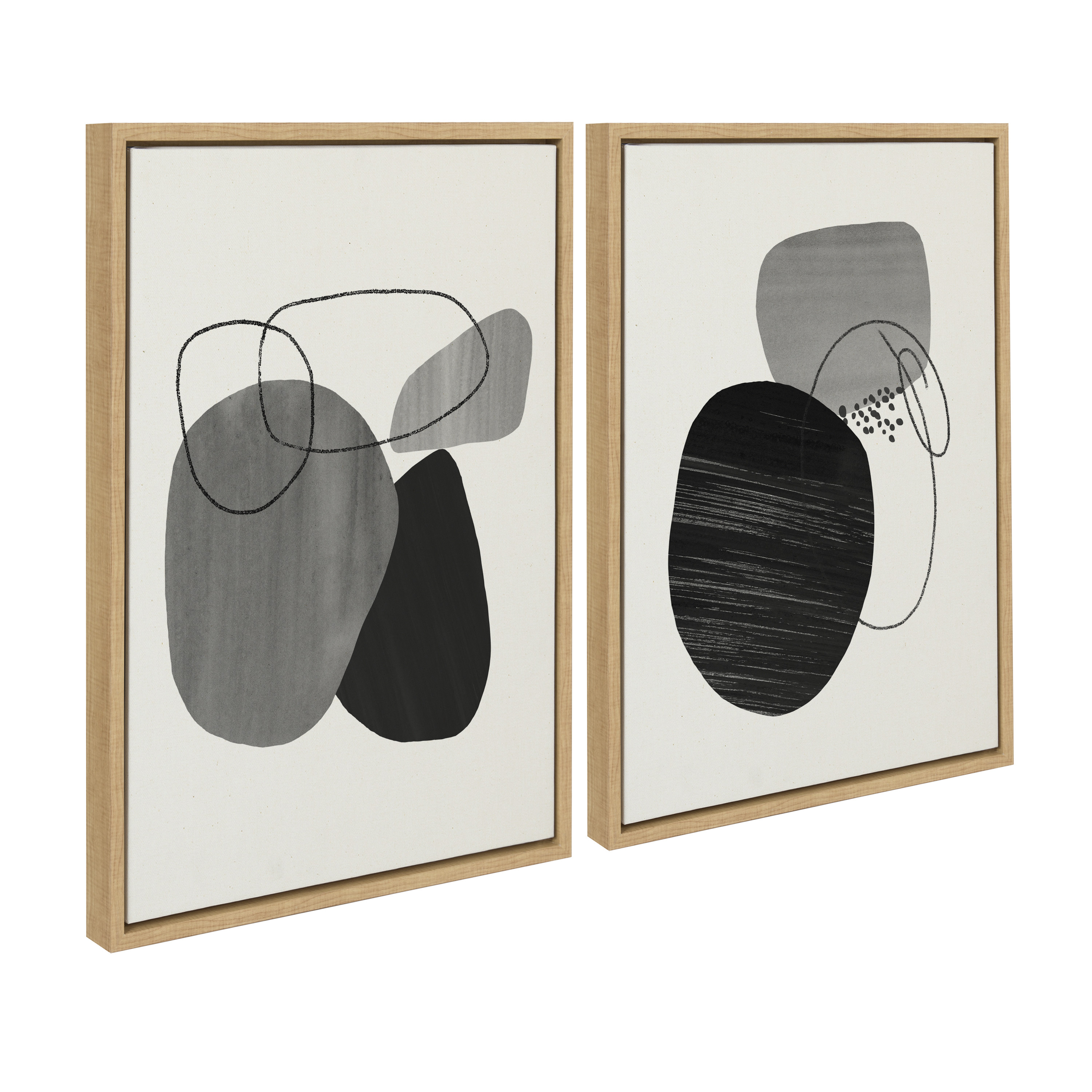 Kate and Laurel Sylvie Abstract Rocks Framed Linen Textured Canvas Wall Art Set by Teju Reval of SnazzyHues, 2 Piece 18x24 Natural, Black and White Abstract Print for Wall