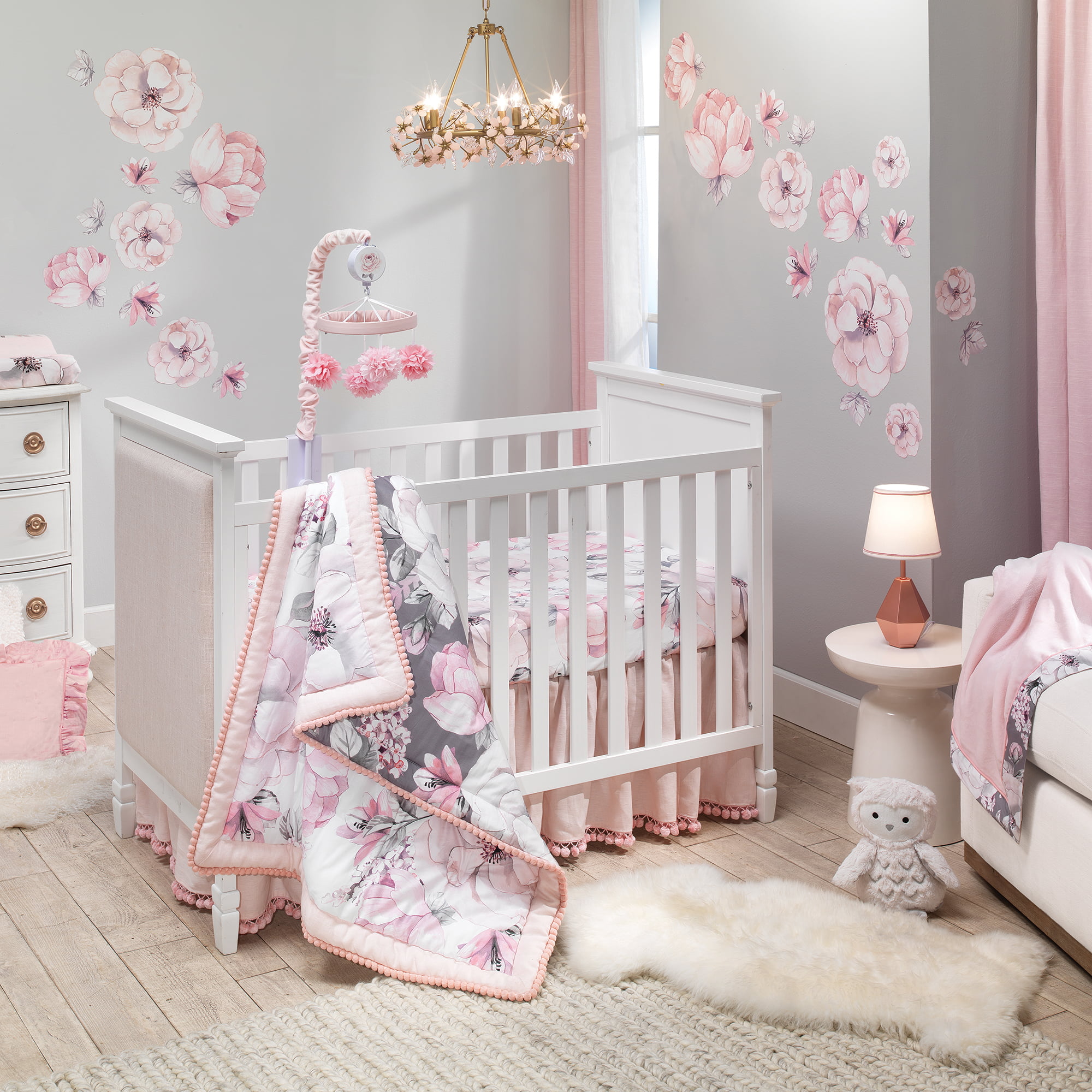 7 Pieces Set Grey Floral Baby Crib Nursery Bedding Set with Bumper 