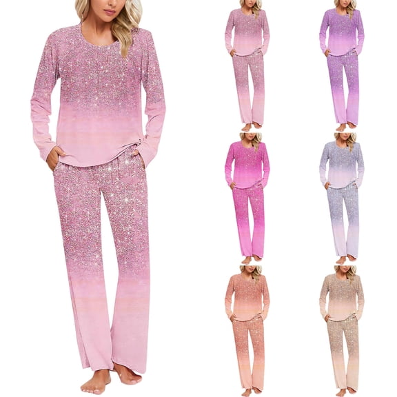 Ashirexll Womens Two Piece Sets, Fuzzy Pajamas for Women, Stylish Gradient Print Casual Pants with Matching Top Pajama Set