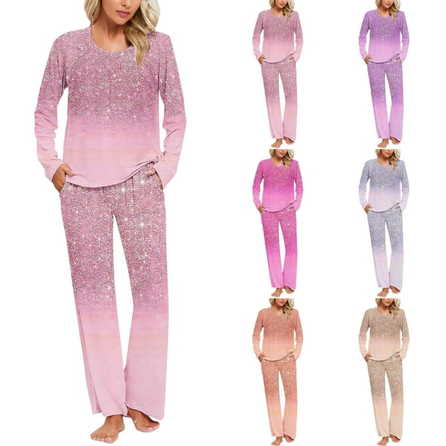 Sentmoon 2 PCS Pajamas for Women Set Crew Neck Sleep Shirts for Women Loose Gradient Color Nightgowns for Women Sexy with Pockets for Christmas Morning M