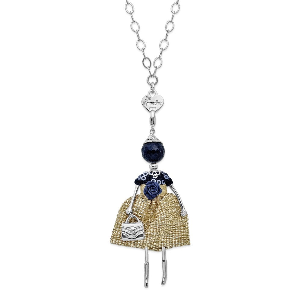 Auriga Fine Jewelry Silver-tone Blue Jade Golden Dress Doll Charm with Chain for Women 31"