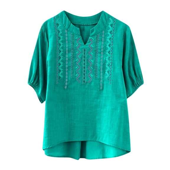 Ytndtr Women's Cotton Linen Plus Size Tops Boho Embroidered Three-quarter Sleeve Shirts Summer Vintage Jacquard Tunic