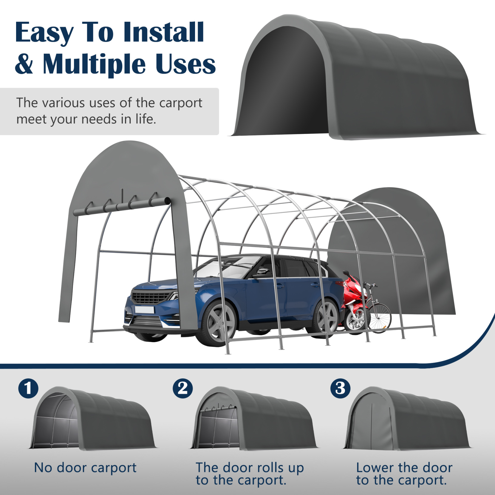 12x20 FT Heavy Duty Carport, Portable Garage Canopy with Steel Frame & Roll-Up Door, Round Style Outdoor Storage Shed for Car, Truck, Boat, Patio, Anti-Snow Waterproof, Grey