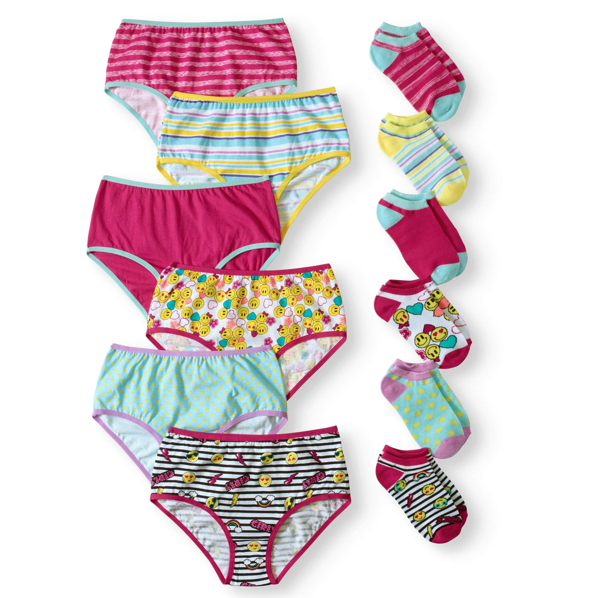 Wonder Nation Girls Brief Underwear and Sock Pack, 12 Pack (Little