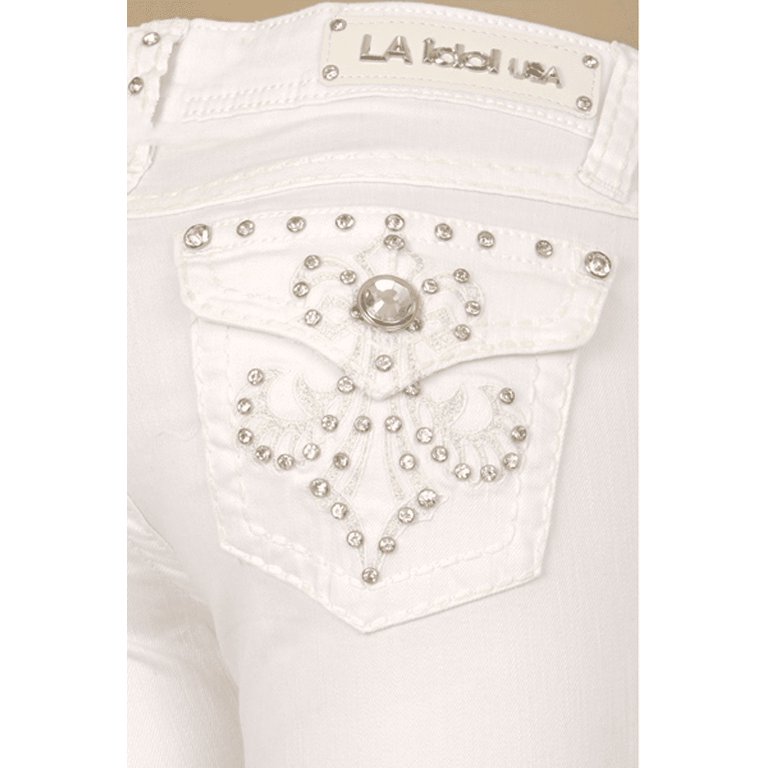 LA Idol Women's Rhinestone Mid Rise Bootcut Stretchy Denim