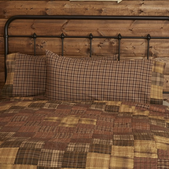VHC Brands Prescott Block Border Plaid Cotton Rustic Patchwork Bedding Accessory, King Pillowcase Set 21x40