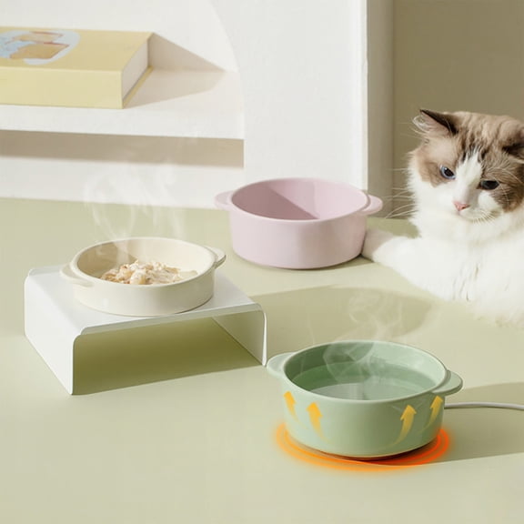 FEOLGEHLY Heated Pet Bowl Ceramic Water Bowl for Small Medium Cat and Dog, Weighted Dog Food Water Feeder Dish, Non-Slip Pet Feeding Bowl, Waterproof & Thermostat Heating Bowls, Green