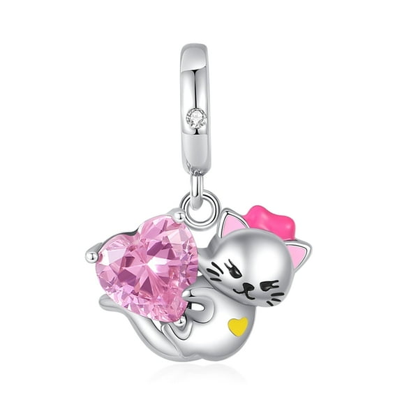 925 Sterling Silver White Cat Pink Heart Dangle Charm For Bracelets