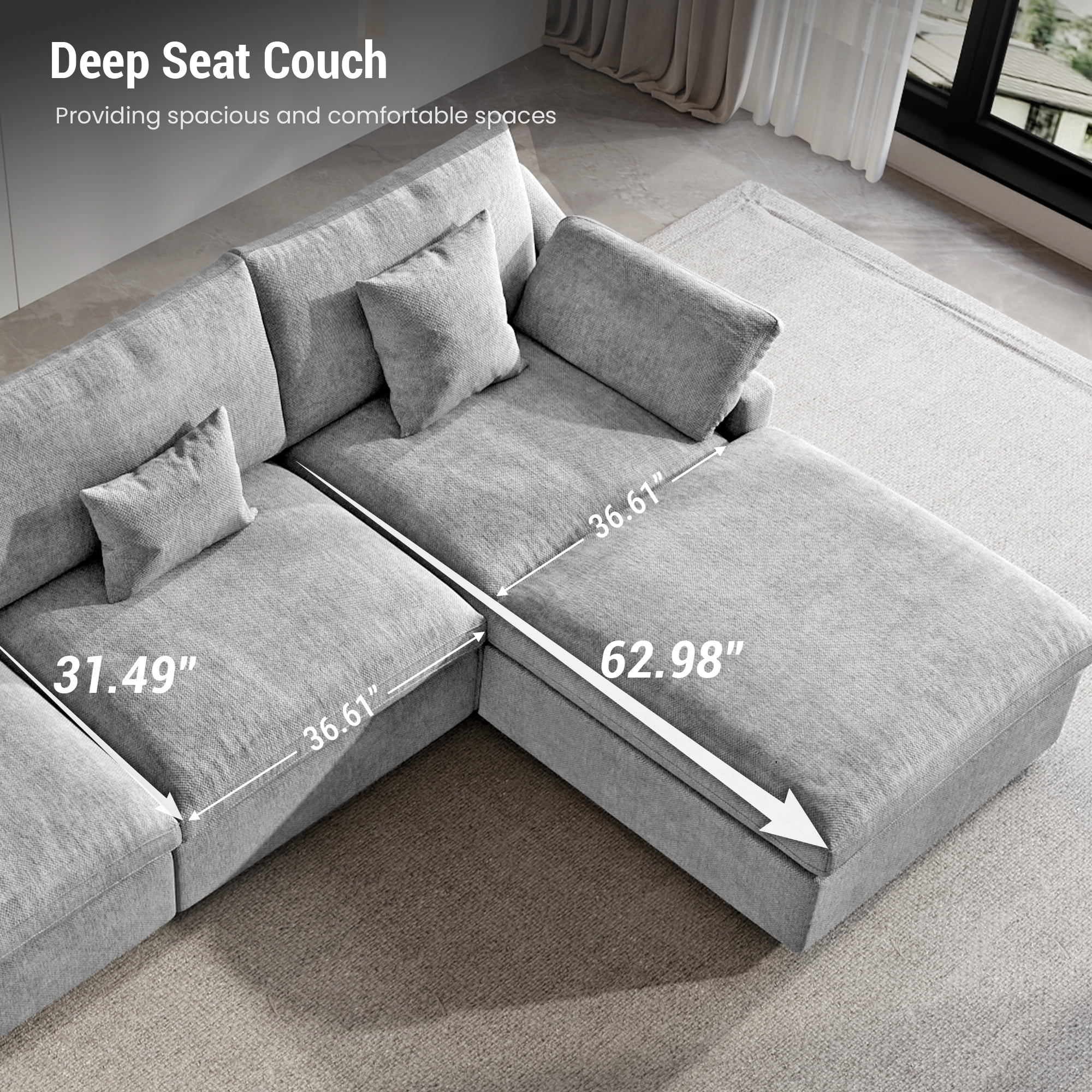 83" Cloud Couch Sectional for Living Room, L Shaped Sofas with Ottoman, Convertible Couch, Gray