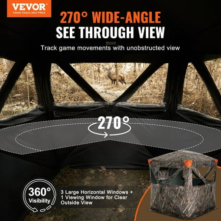 VEVOR Hunting Blind 270° See Through Ground Blind 2-3 Person Pop Up Deer Blind for Hunting with Carrying Bag Portable Resilient Hunting Tent 3 Horizontal Windows for Turkey and Deer Hunting