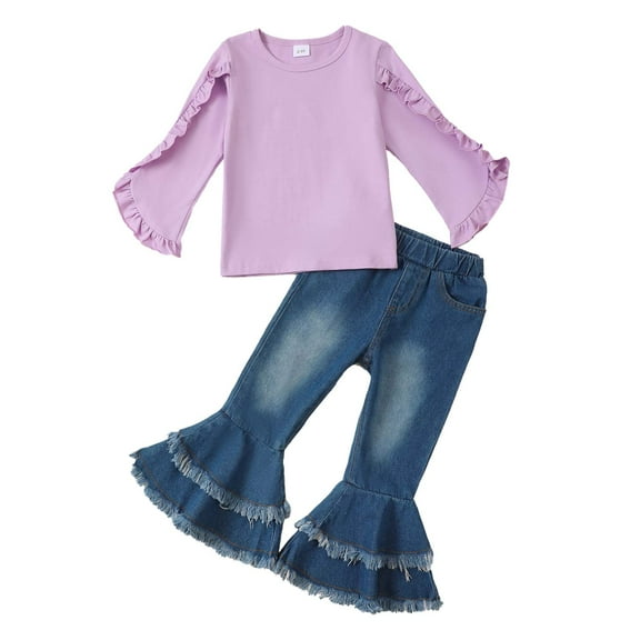 Kucnuzki 2T Toddler Girls Winter Outfits 3T Toddler Girls Warm Clothing Sets Long Sleeves Pullover Solid Color T-shirt Top Flared Denim Pants Jeans 2pcs Pant Sets Spring Purple