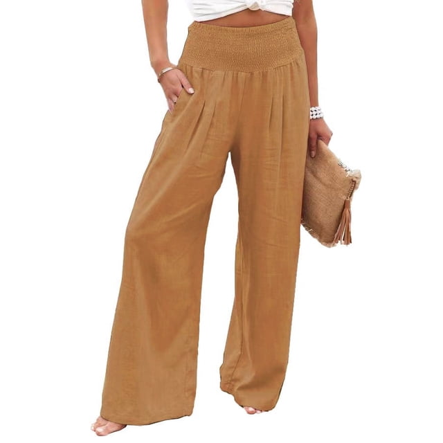 Women's Wide-leg Linen Pants Drawstring High-waisted Court Pants Flowy Beach Slacks With Pockets