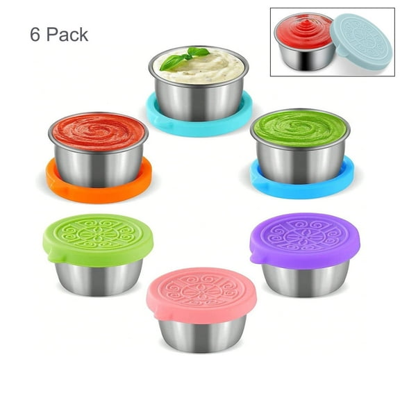 RUseeN 6 Pack Salad Dressing Container To Go, 1.7oz Small Condiment Containers with Leakproof Silicone Lids, Reusable Mini Sauce Container, Premium Silicone Lids Dipping Sauce Cups, Picnic and Travel