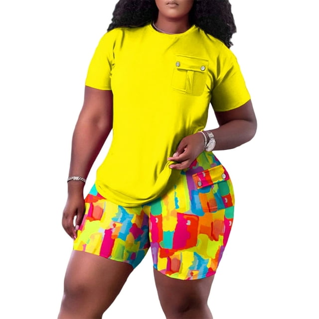 Fashnice Ensemble de Jogging pour Femmes Col Rond Ensemble de Détente Taille Élastique Deux Pièces Tenue Décontractée Gym T-Shirts+Shorts Jaune m