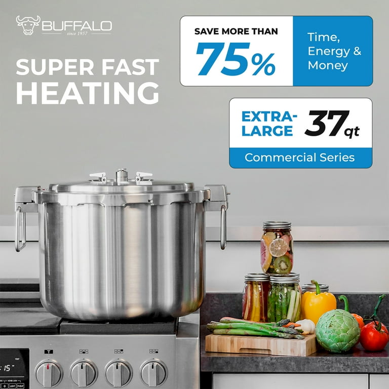 Buffalo 37 Quart Stainless Steel Pressure Cooker Extra Large Canning Pot with Rack and Lid for Home Commercial Use Easy to Clean Stove Top Pressure