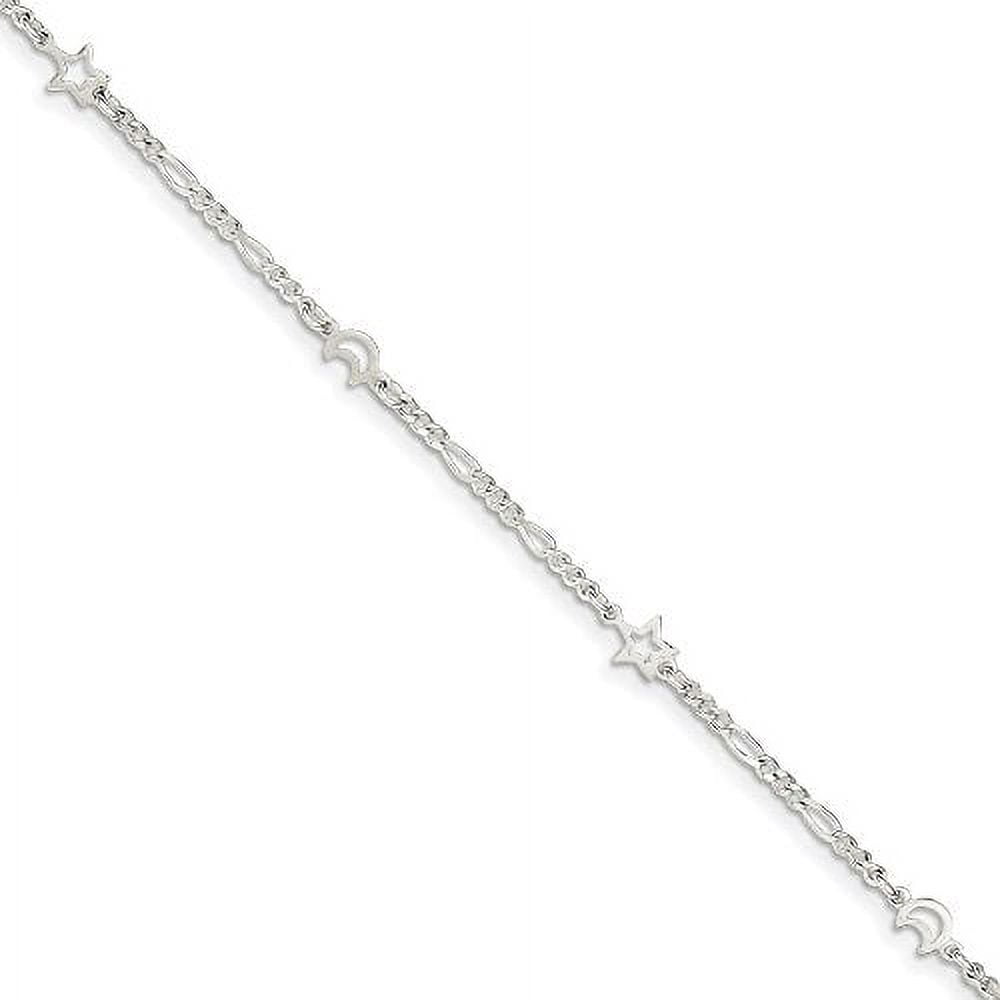 925 Sterling Silver 2mm Polished Moon and Star Chain Anklet with 1in Extender Length