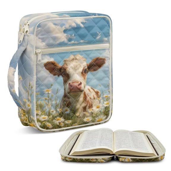 FOR U DESIGNS Cow Daisy Pattern Bible Cover Case with Handle Quilted Protective Church Organizer Holder Bag Christian Bible Accessories for Bible Study/Daily Use