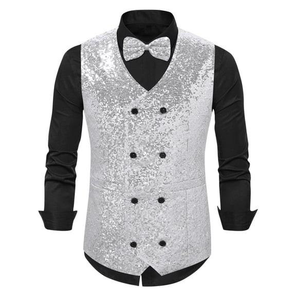 Chbgutlmr Sequin Vests for Men Double Breasted V Neck Shiny Waistcoat Bowtie Set Prom Party Vests Casual Dressy Sparkly Vests